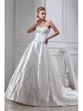 Embroidered Sweetheart Ivory Satin Wedding Gown