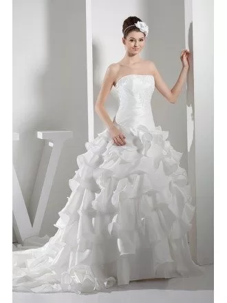 Strapless Lace Cascading Ruffles Wedding Gown Custom