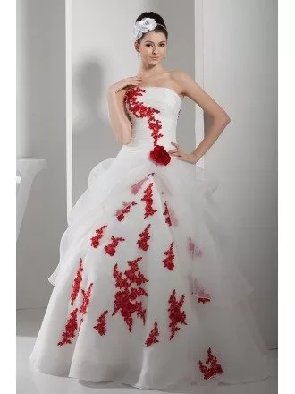 Gorgeous Red and White Lace Organza Wedding Dress Strapless