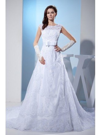Full of Lace Aline White Wedding Dress with Bow