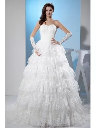 Beautiful Sweetheart Lace Tiered Ballgown Wedding Dress