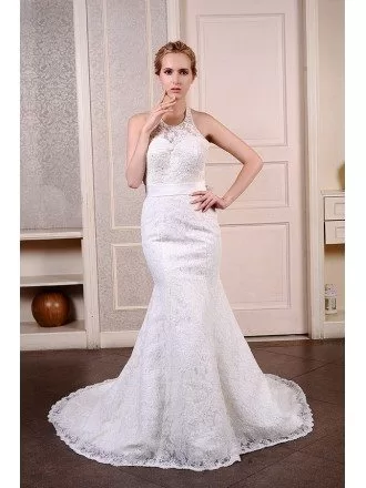 Mermaid Halter Court Train Lace Wedding Dress With Beading