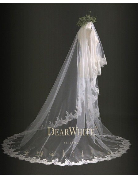"Bamboo of Cloud" Designer Vintage Lace Trim Bridal Wedding Veil Train Length