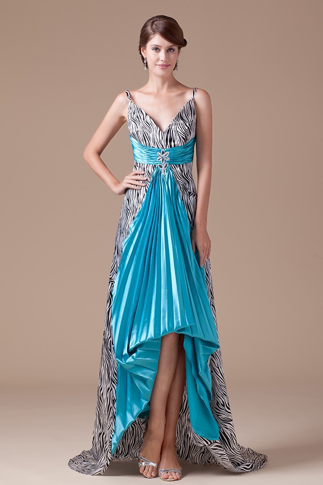 Printed A-line V-neck Asymmetrical Satin Prom Dress #OP4530 $155.6 ...