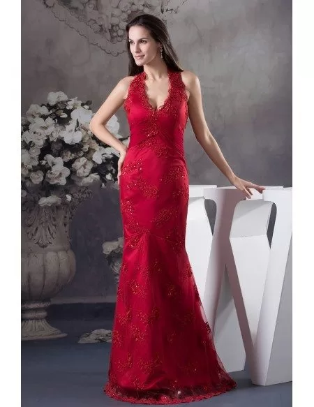A-line Halter Floor-length Satin Lace Evening Dress