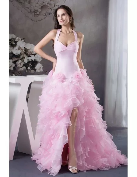 Mermaid Halter Sweep Train Satin Tulle Prom Dress With Cascading Ruffle