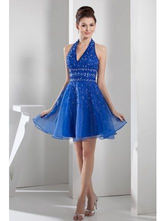 A-line Halter Short Tulle Prom Dress With Beading