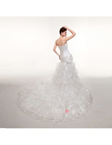 Strapless Pleated Mermaid Long Train Wedding Dress with Flowers #CH0053 ...