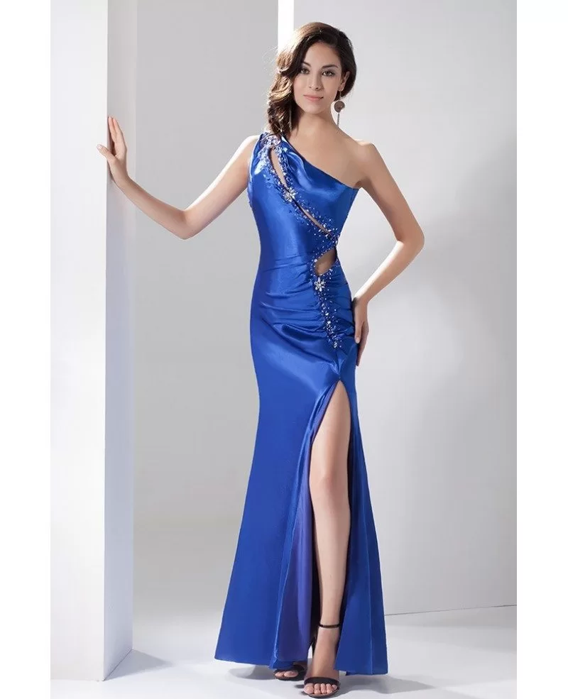 Royal Blue Sexy One-shoulder Beaded Evening Dress With Slit Front # ...