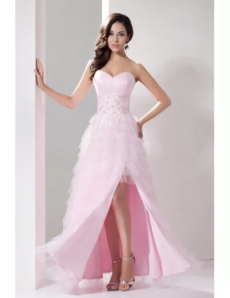 Cascading Ruffle Light Pink Sweetheart Tulle Satin Wedding Dress