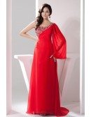 A-line One-shoulder Sweep Train Chiffon Evening Dress With Beading