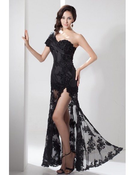 Black One-shoulder Long Lace Beaded Evening Dress With Split Front # ...