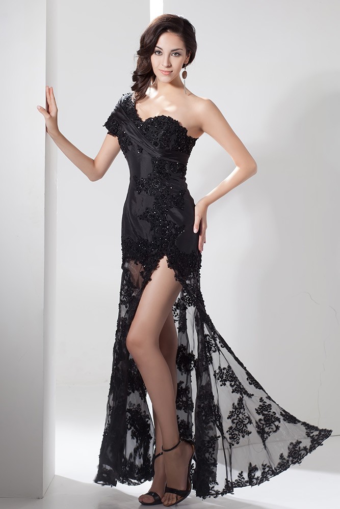 Black One-shoulder Long Lace Beaded Evening Dress With Split Front # ...