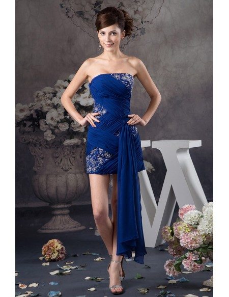 Royal Blue Strapless Short Chiffon Prom Dress With Beading #OP4975 $126 ...