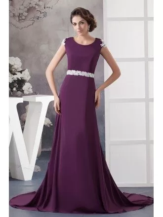 A-line Scoop Neck Court Train Chiffon Evening Dress With Beading