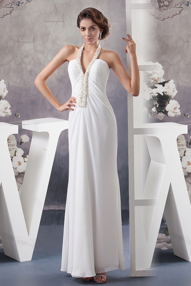 Simple Chiffon Long Halter White Wedding Dress With Beading #OP41028 ...