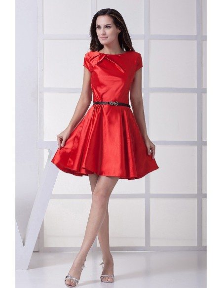 Red Satin Short Formal Dress with Cap Sleeves Sash