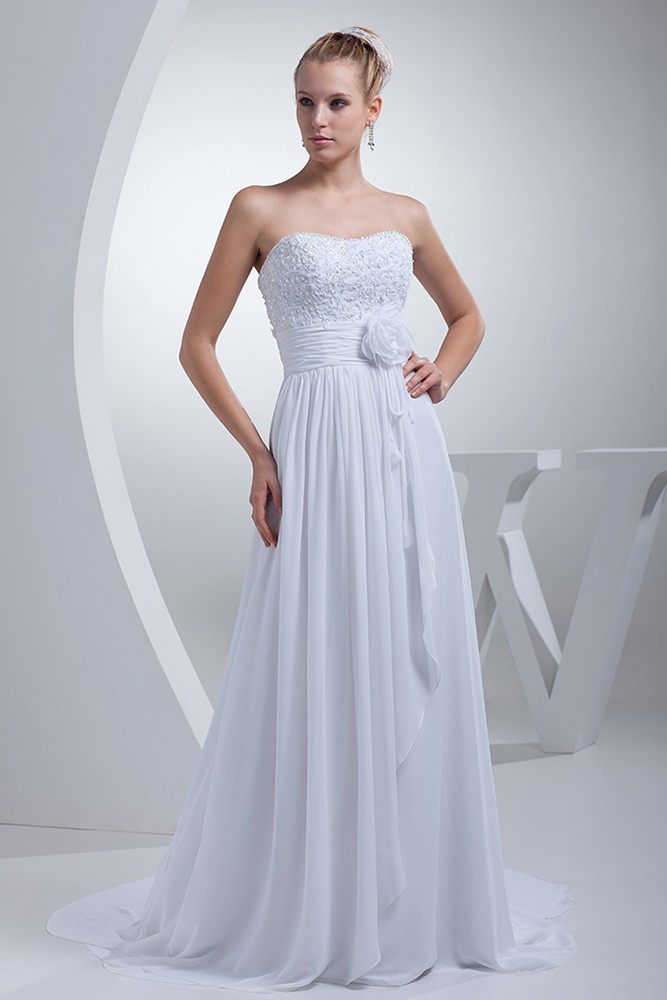 Beaded Long Chiffon Simple Beach Wedding Dress with Flower #OP4432 $160 ...