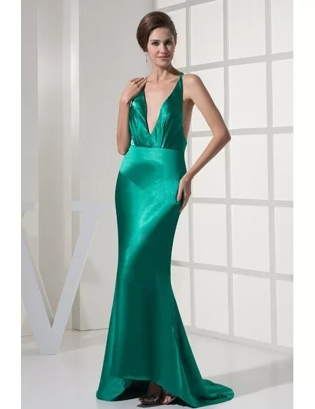 Sexy Deep V-neck Sleek Teal Green Evening Dress Open Back