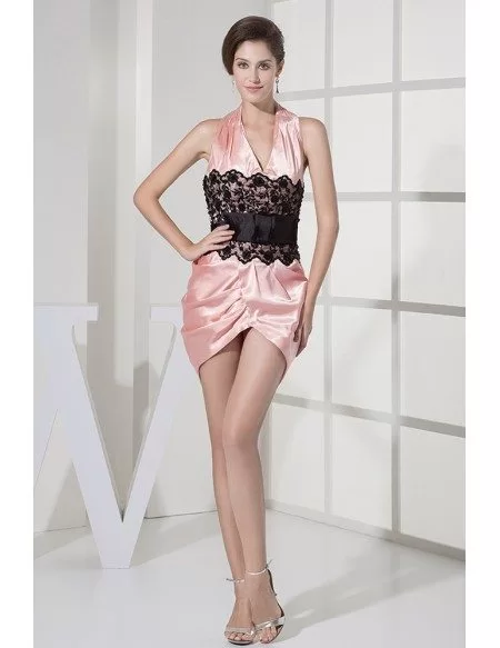 Pink and Black Lace Halter Satin Bridal Party Dress Open Back