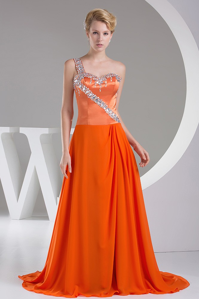 [$169.90] Beaded One Shoulder Orange Long Train Prom Dress #OP4508 $170.4 -  GemGrace.com
