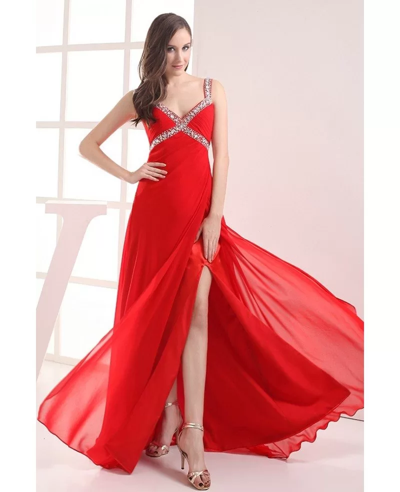 Classic Split Front Sequined Straps Red Prom Dress in Sweetheart ...