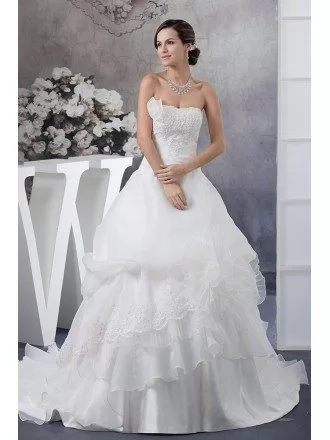 Beaded Strapless Tiered Organza Wedding Dress with Train