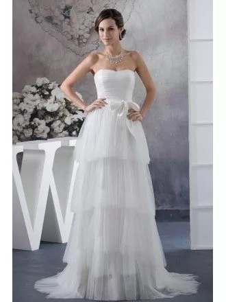 Elegant Tiered Tulle White Wedding Dress with Sash