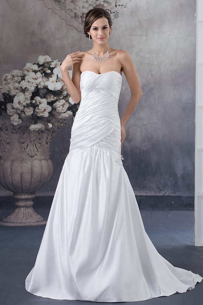 White Satin Cross Pleated Long Mermaid Wedding Dress Strapless #OPH1397 ...