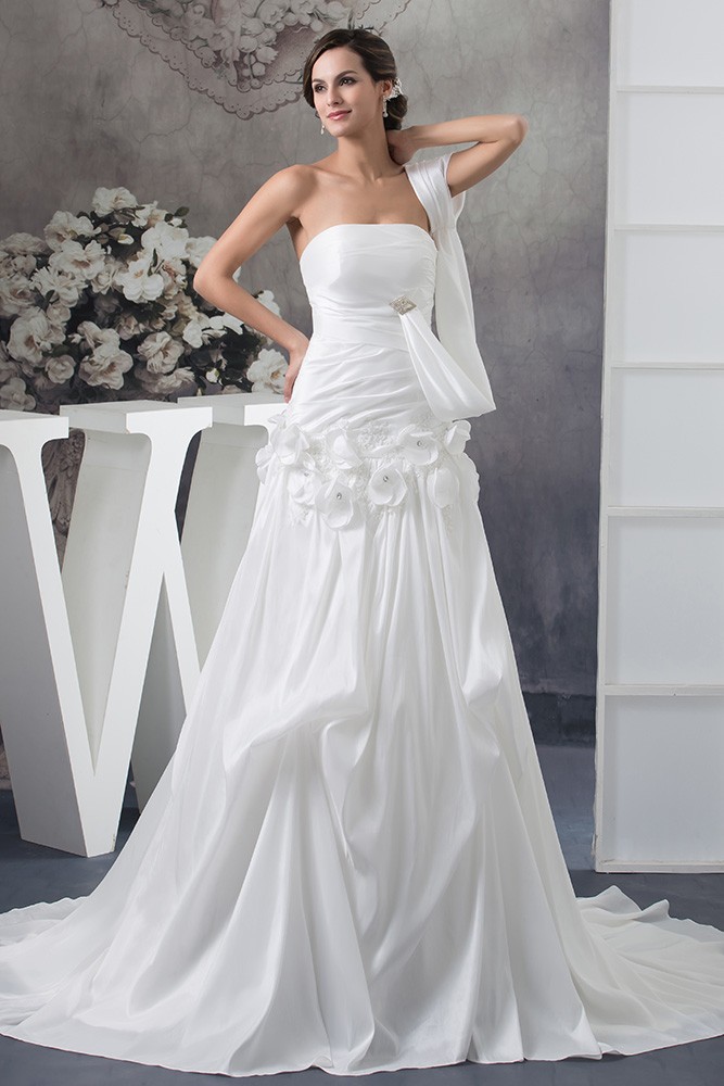 Special White Satin One Sleeve Grecian Long Train Wedding Dress with ...