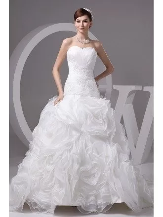 Charming White Organza Cascading Ruffles Wedding Dress with Train