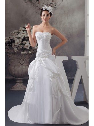 Beaded Lace Strapless White Floral Wedding Dress