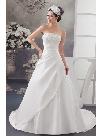 Strapless Lace Pleated Satin Wedding Dress with Corset Back
