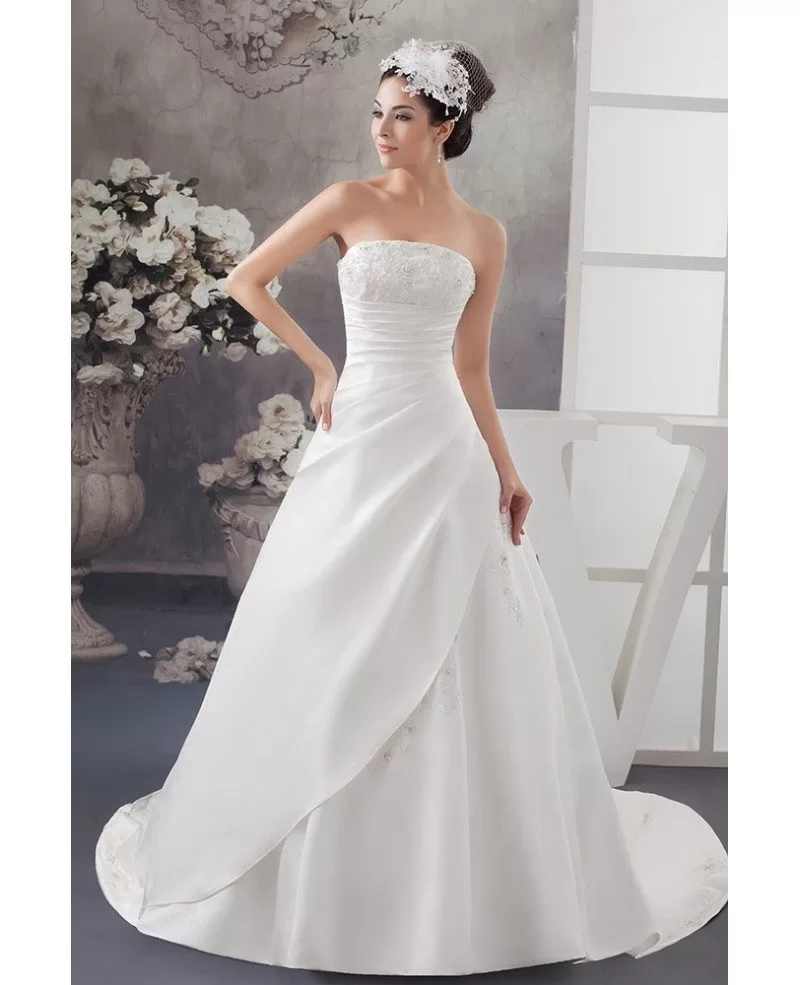 Strapless Lace Pleated Beaded Satin Wedding Dress with ...