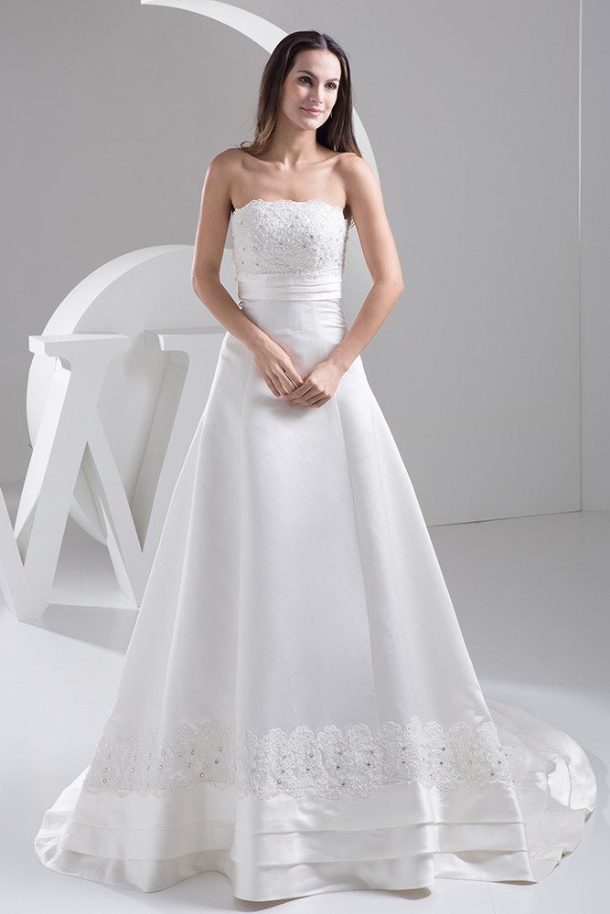 Special Satin with Lace A Line Wedding Dress with Layers Trim #OPH1491 ...