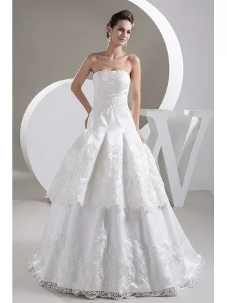Strapless Lace Tiered Beaded Satin Wedding Dress Custom