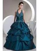 Sequined Long Halter Ink Blue Ruffled Wedding Gown