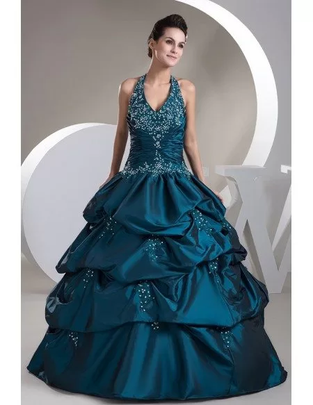 Sequined Long Halter Ink Blue Ruffled Wedding Gown