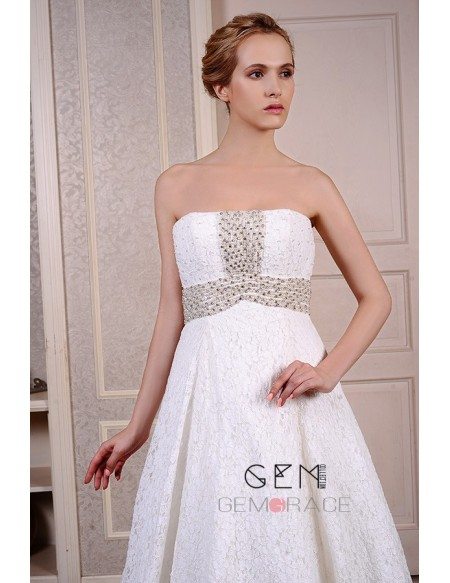 Ball-Gown Strapless Cathedral Train Lace Wedding Dress With Beading