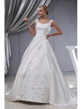Ivory Satin Beaded Lace Ballgown Wedding Dress with Straps