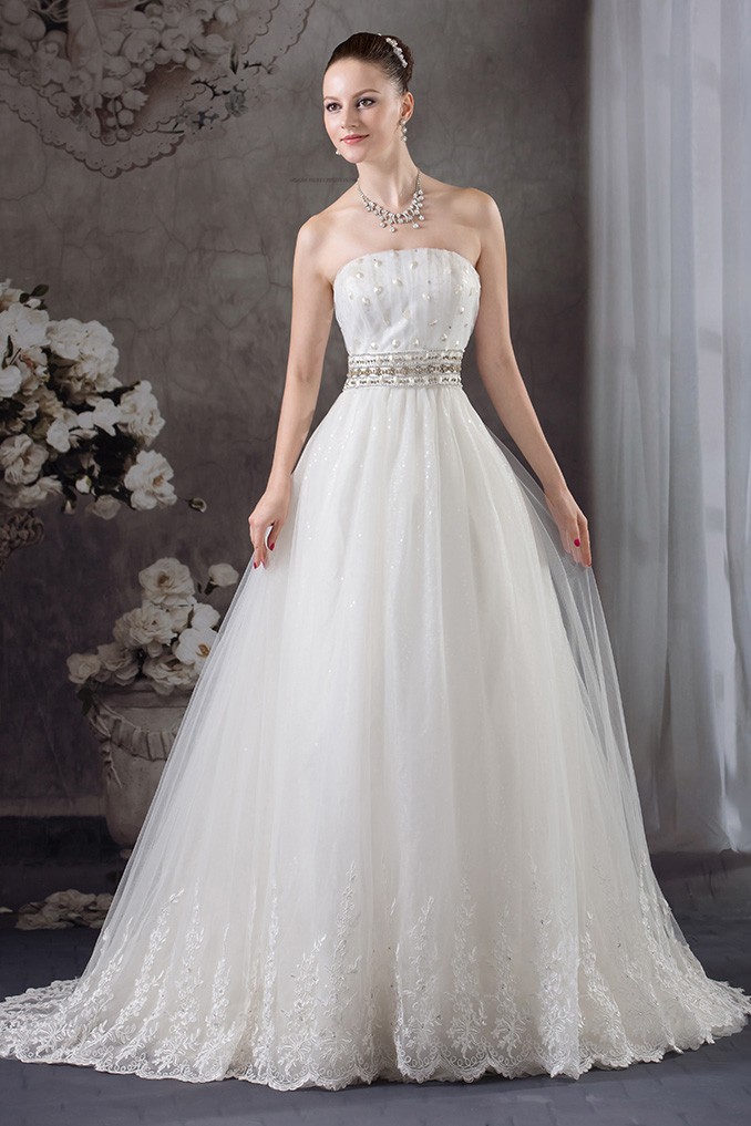Timeless Ball Gown Strapless Tulle Lace Beaded Long Wedding Dresses