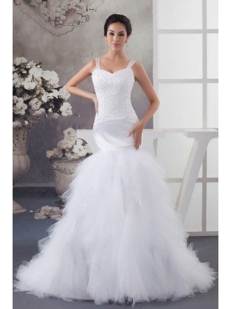 White Lace Mermaid Tulle Wedding Dress with Straps