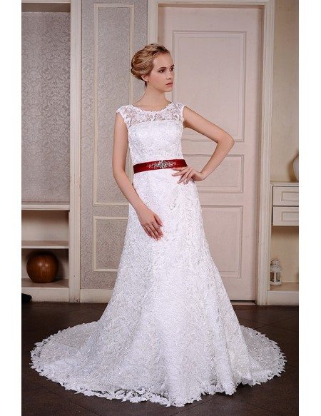 Ball-Gown Scoop Neck Chaple Train Lace Wedding Dress With Beading Bow