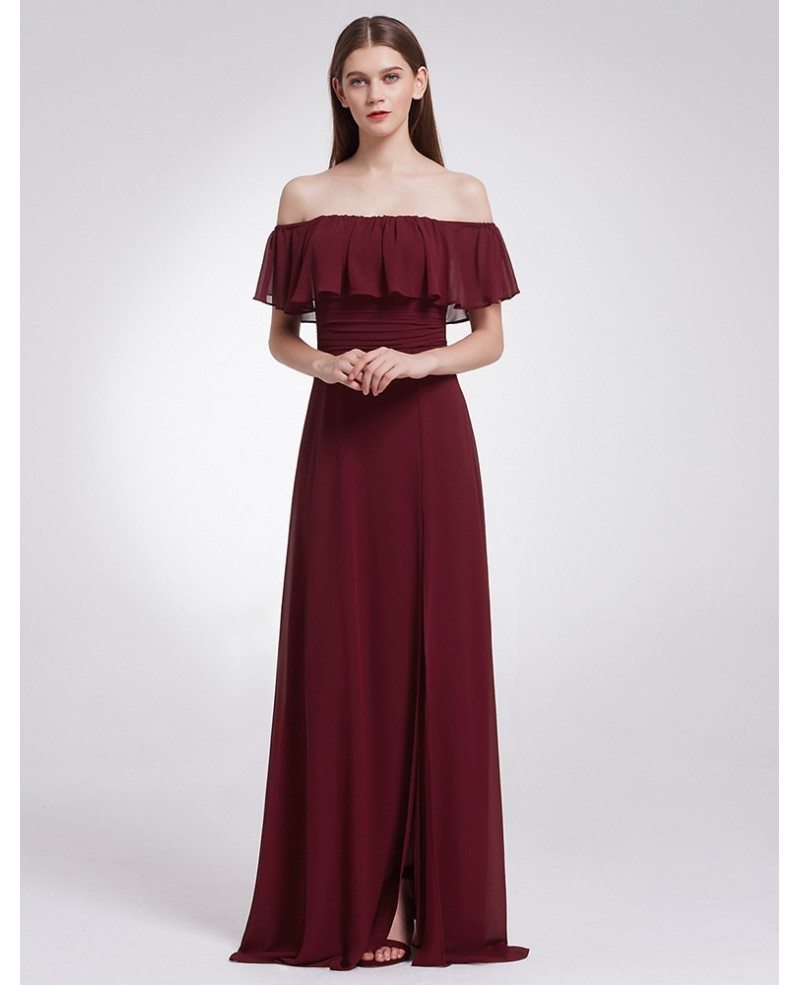 maroon off the shoulder bridesmaid dress