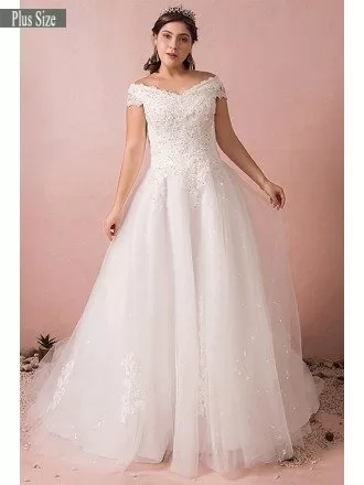 Plus Size Curvy Bride Off The Shoulder Wedding Dress Lace Long Train