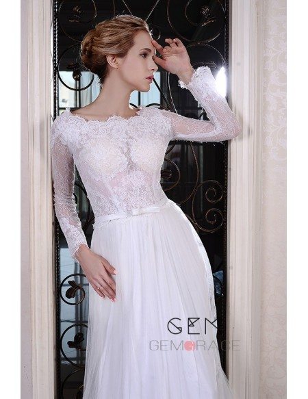 A-Line Scoop Neck Sweep Train Organza Wedding Dress With Appliquer Lace