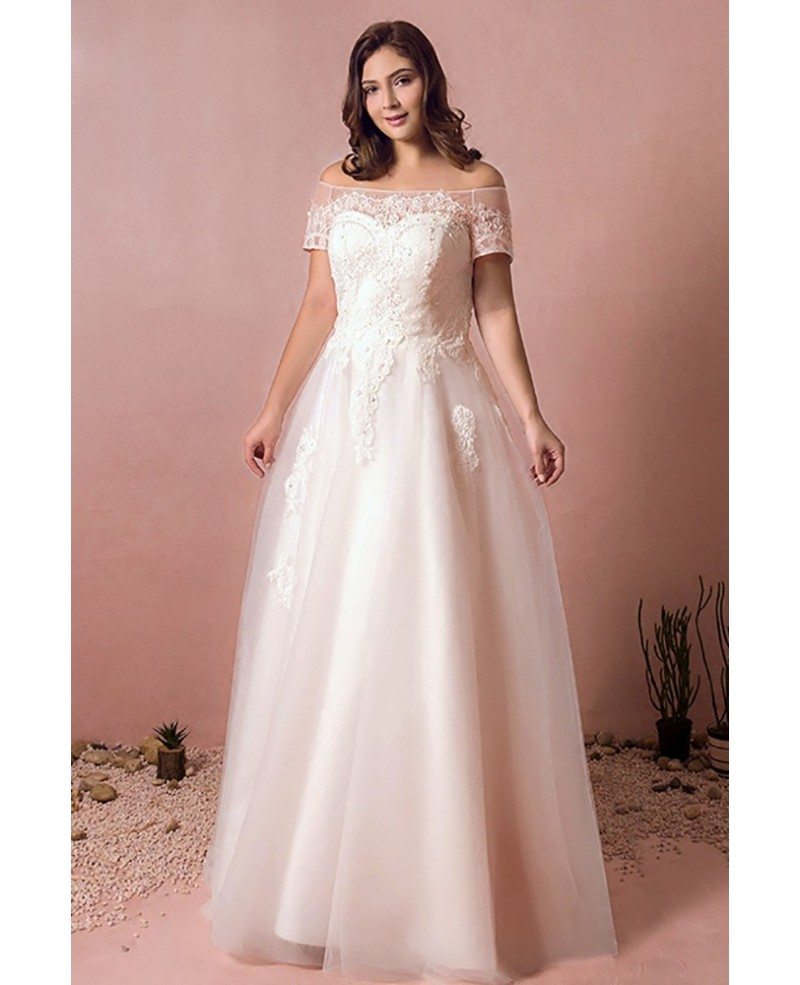 Boho Lace Off Shoulder Plus Size Wedding Dress Country A Line Wedding Dress MN8021 GemGrace