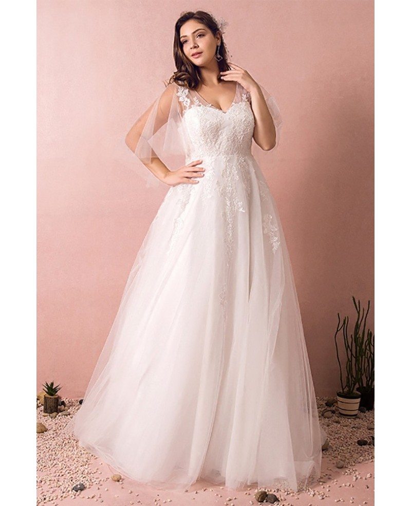 Plus Size Tulle Beach Wedding Dress Boho With Sleeves 2018 MN8023 GemGrace