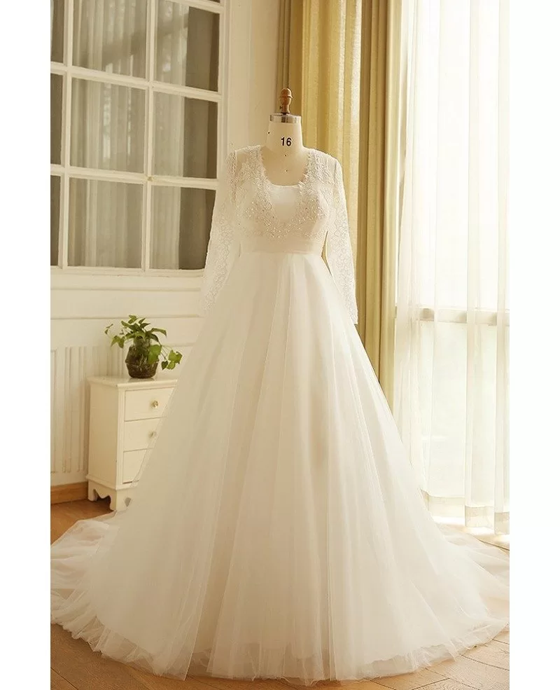 Modest Long Lace Sleeve Plus Size Wedding Dress Tulle ...