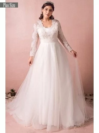 Modest Long Lace Sleeve Plus Size Wedding Dress Tulle Beach Weddings